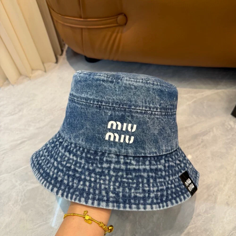 Miu Miu Washed Blue Denim White Logo Bucket Hat